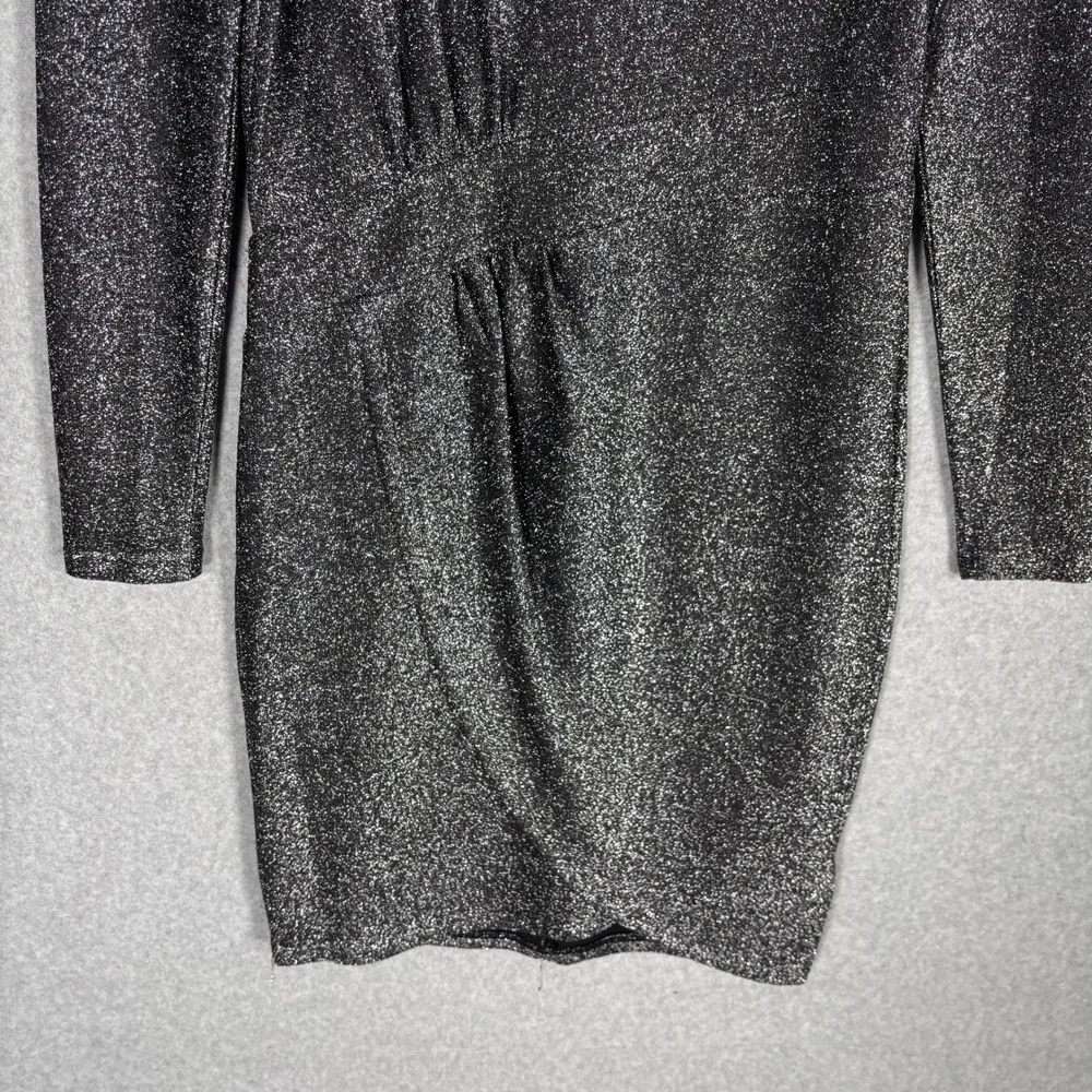 Michael Kors Metallic Wrap Dress Medium Black Silver Glitter Ruched Knit Stretch